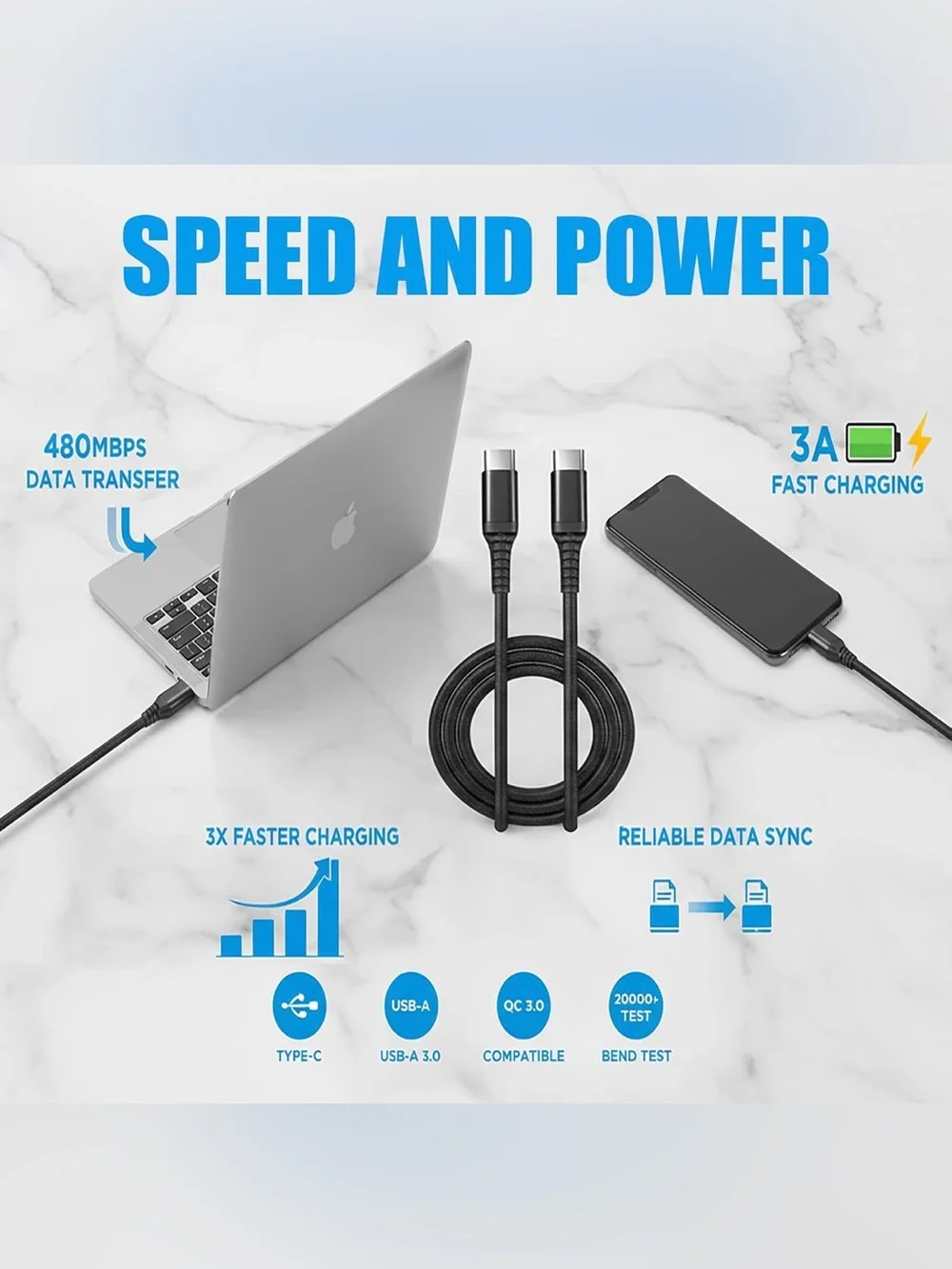 NEW 3-Pack USB Type C to USB C 60W PD Cable 6.6ft/2m USB TypeC Fast Charging Cor